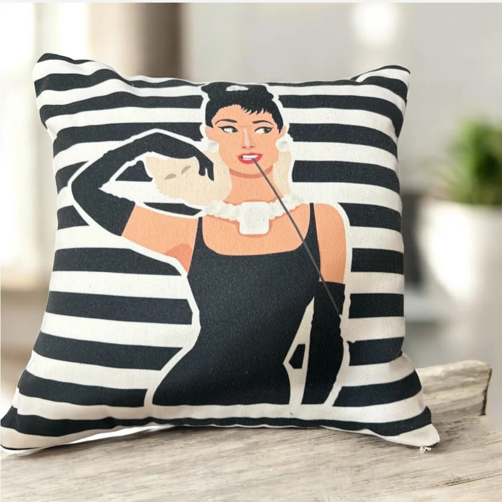 Audrey Hepburn Holly Golightly Breakfast at Tiffany’s Throw Pillow Striped